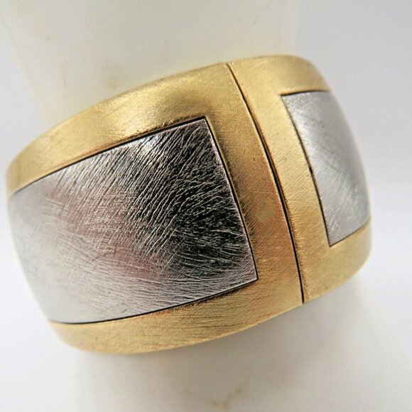 Vintage Bracelet Brushed Silver Gold Tone Hinged Cuff Clamper Bracelet - Picture 5 of 11